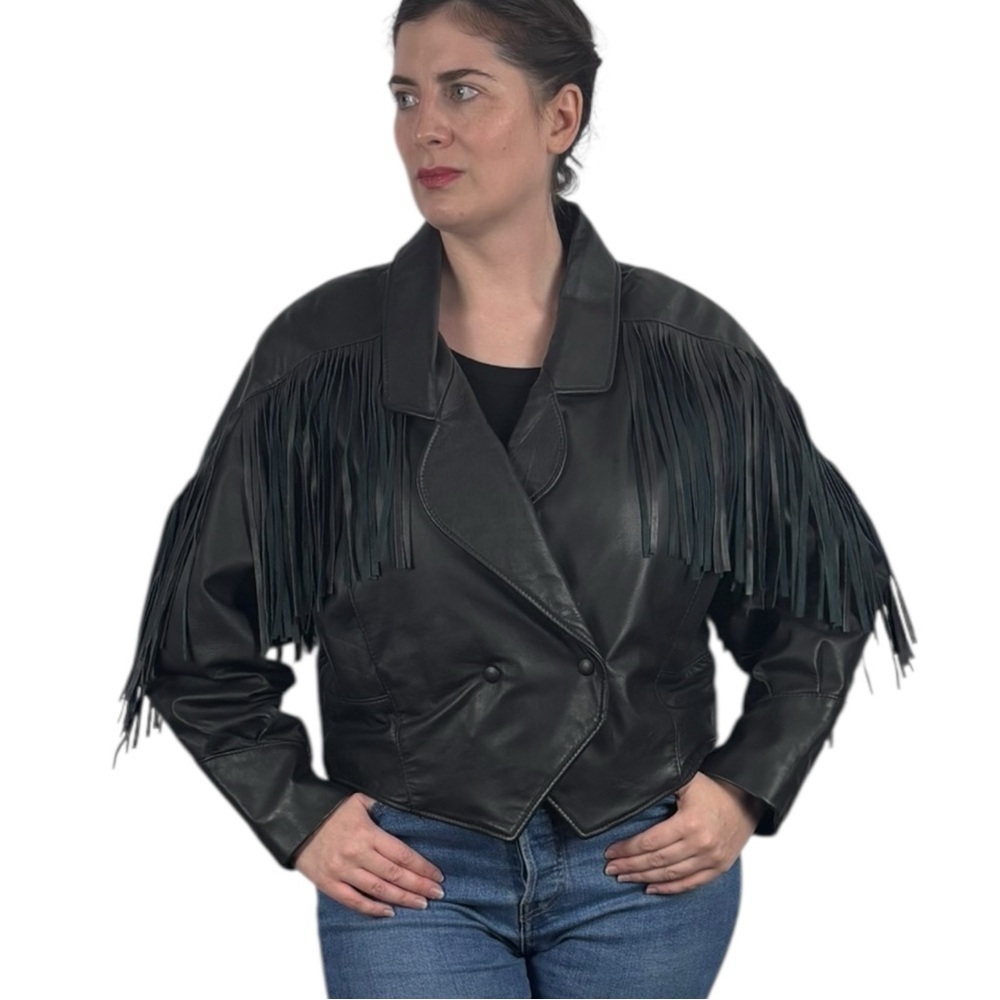 VINTAGE 80S 90S BLACK LEATHER FRINGE CROPPED WESTERN FESTIVAL JACKET REED